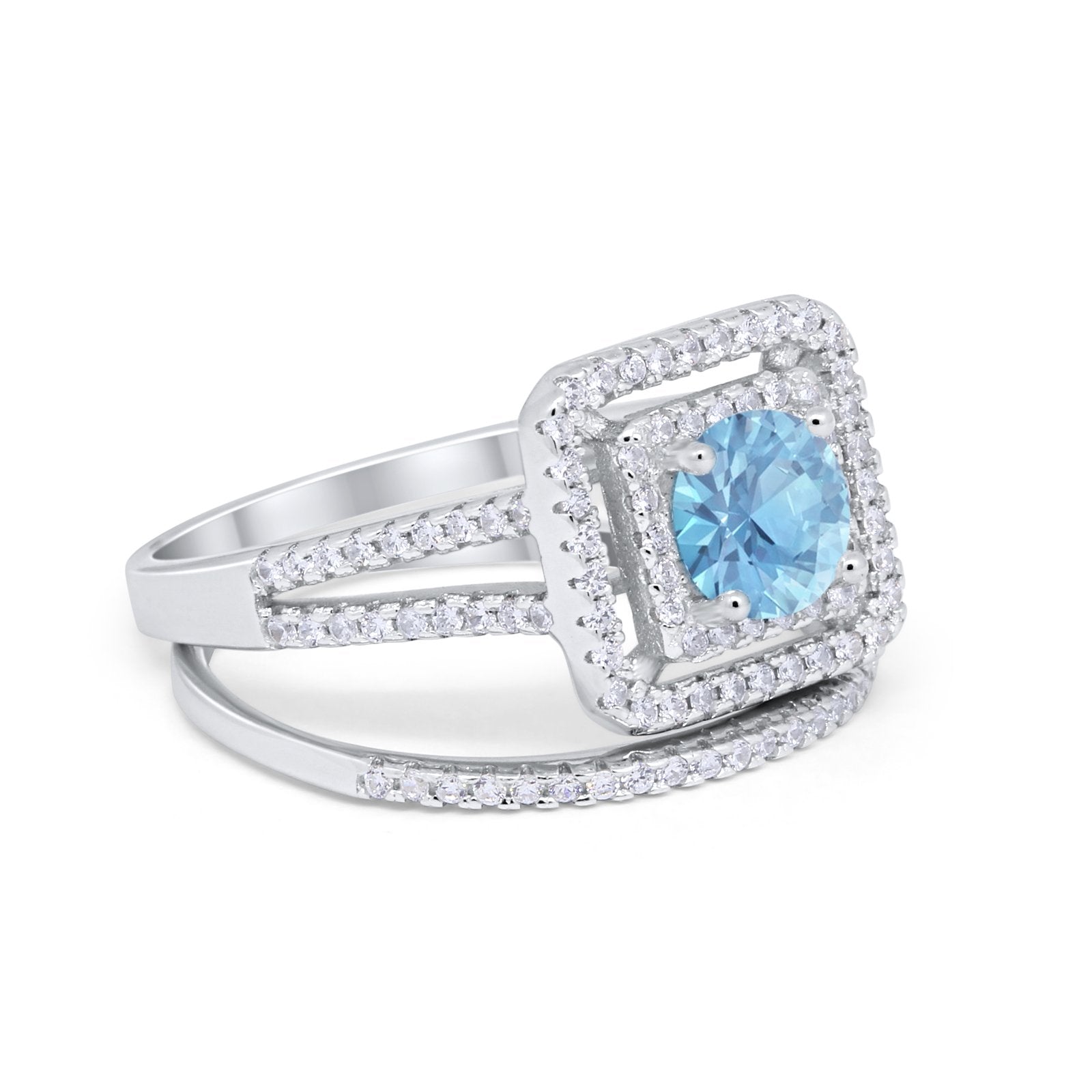 Halo 2 Piece Wedding Ring Band Set Round Simulated CZ 925 Sterling Silver