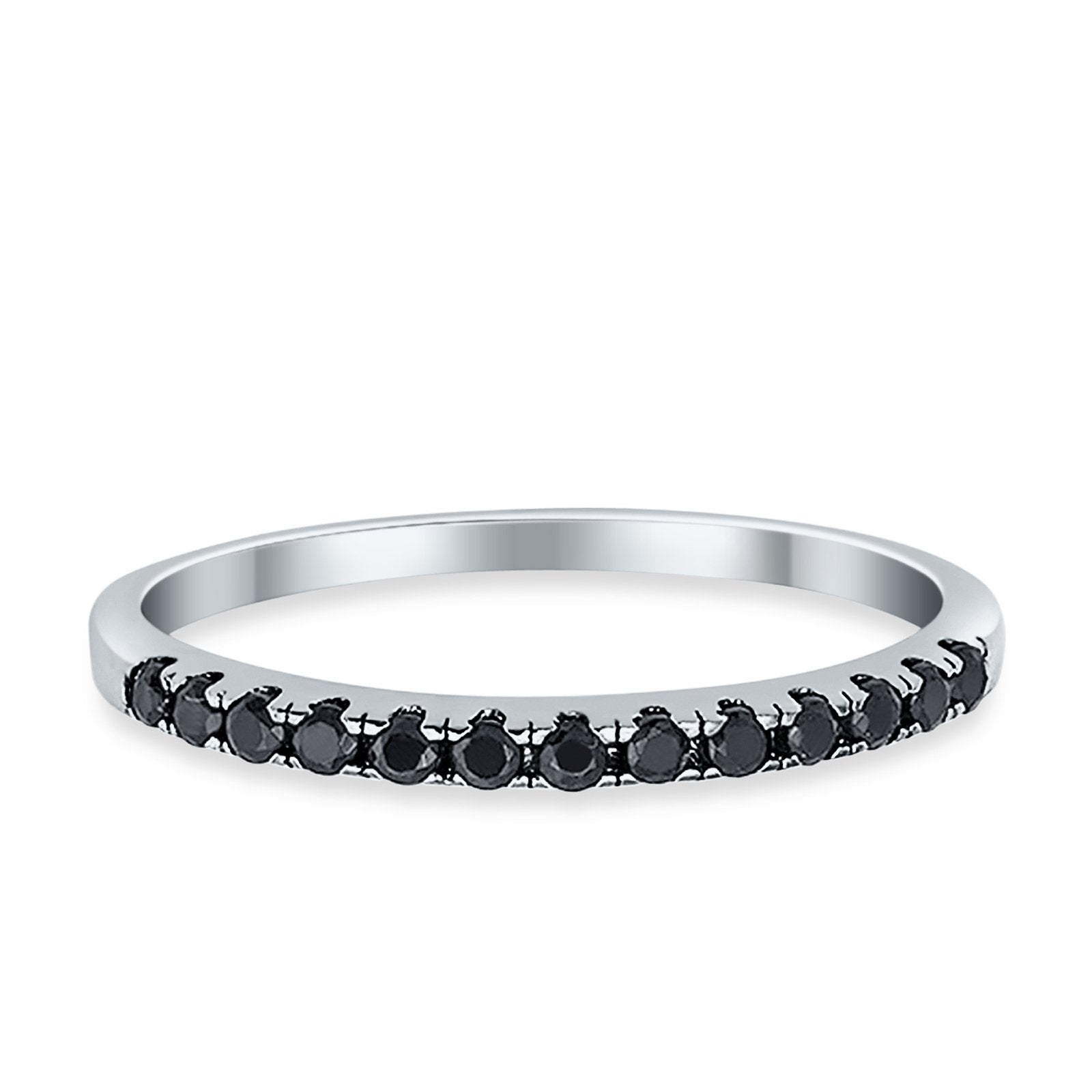 Half Eternity Wedding Ring Round Simulated Jet Black Onyx CZ 925 Sterling Silver