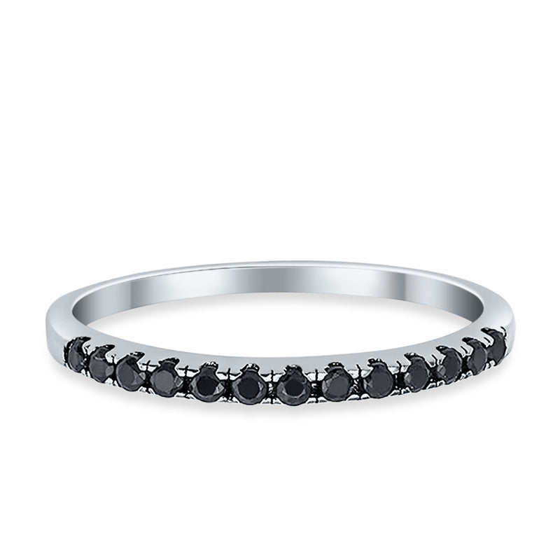 Half Eternity Wedding Ring Round Simulated Jet Black Onyx CZ 925 Sterling Silver