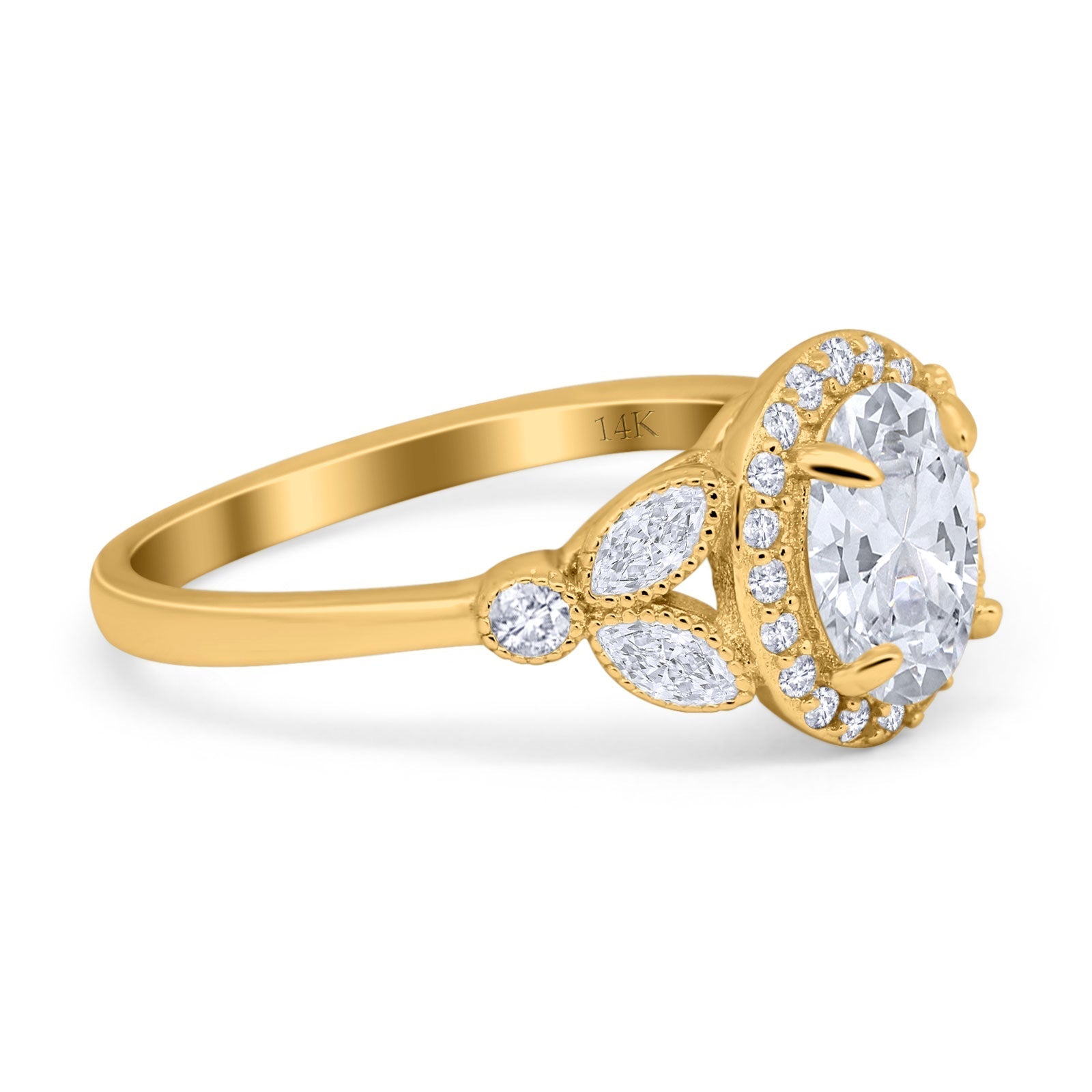 14K Gold Oval Art Deco Engagement Ring Simulated Cubic Zirconia