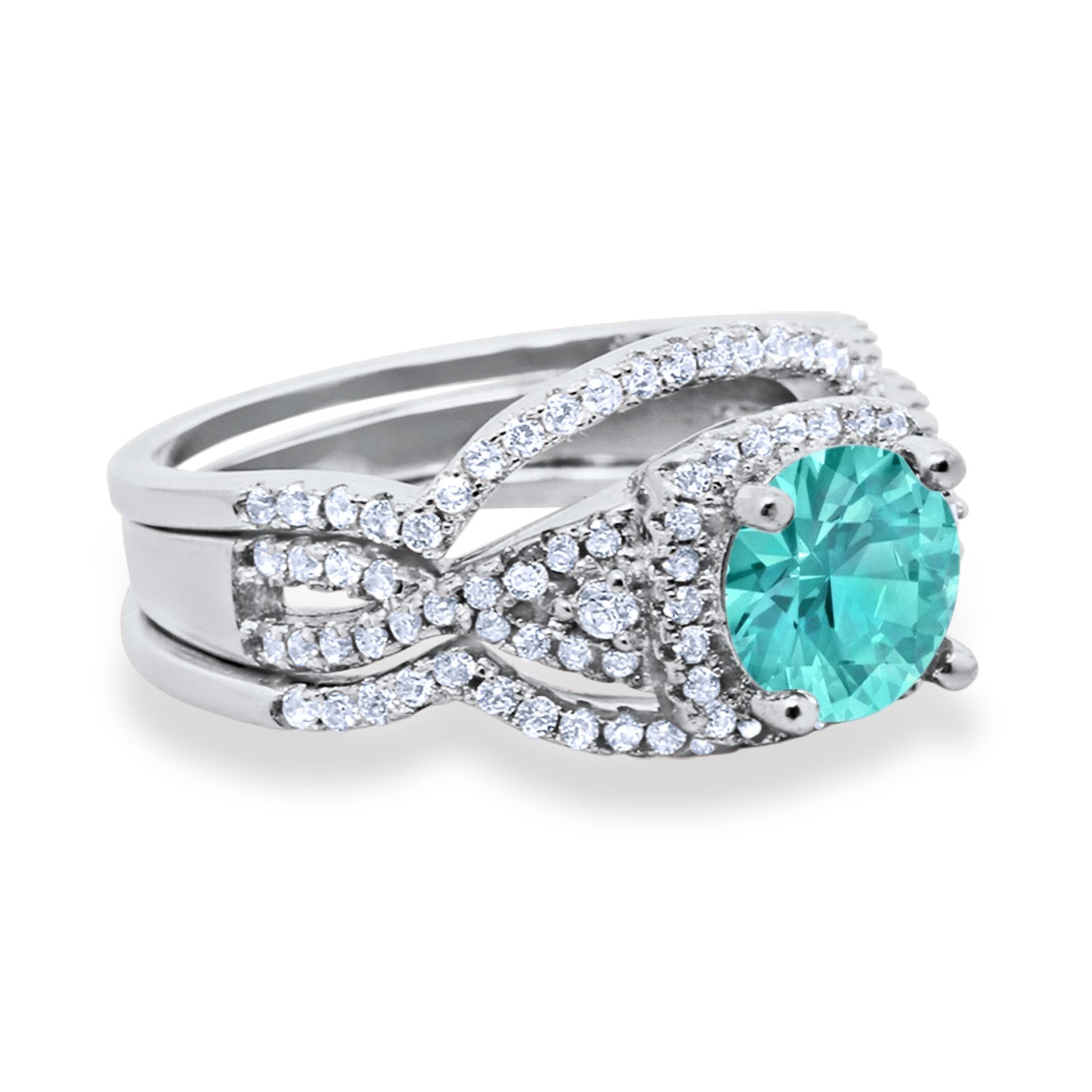 Halo Wedding Trio Piece Ring Simulated Cubic Zirconia 925 Sterling Silver