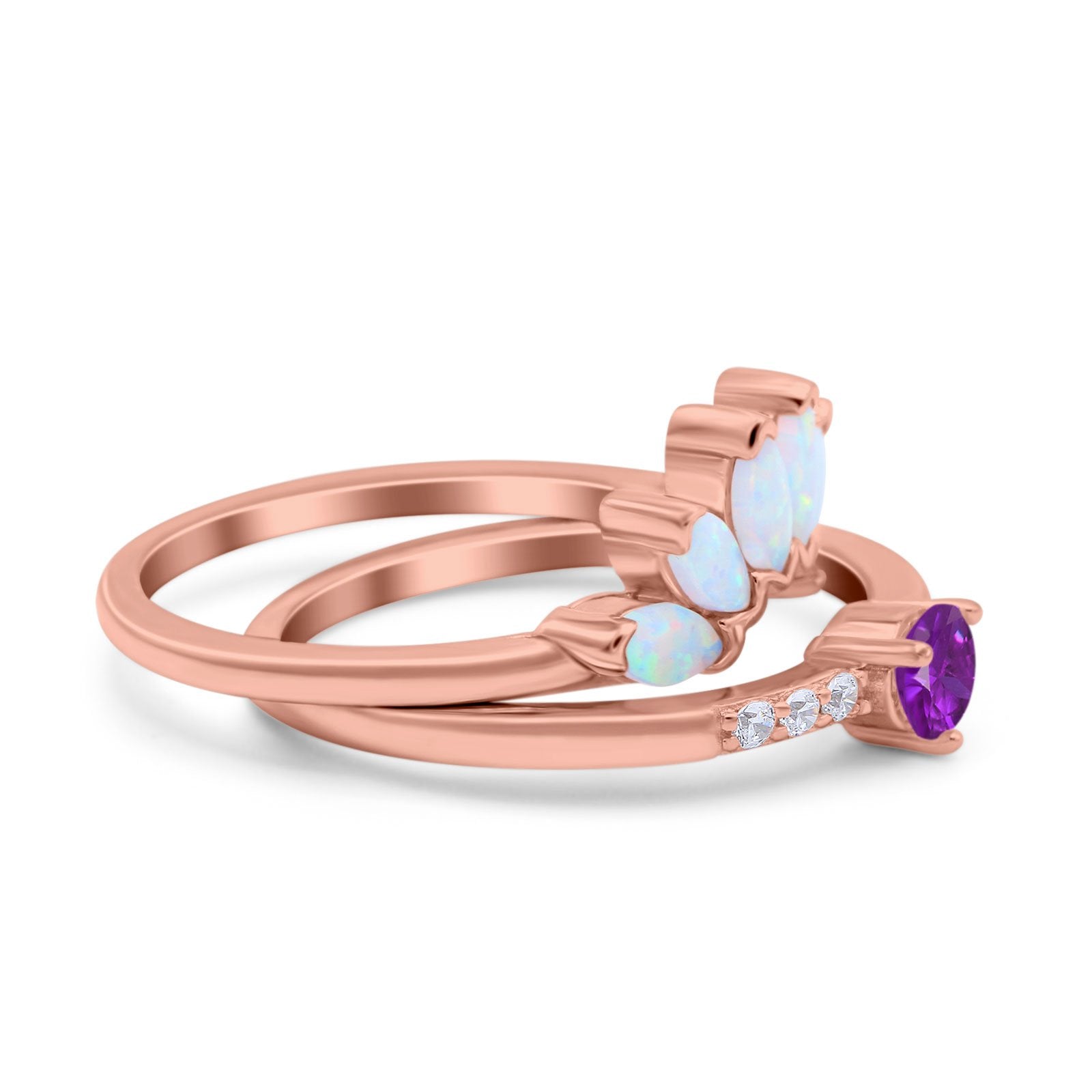 Two Piece Bridal Set Marquise Art Deco Wedding Engagement Ring Set Round Simulated Cubic Zirconia & Lab White Opal Band 925 Sterling Silver