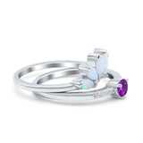 Two Piece Bridal Set Marquise Art Deco Wedding Engagement Ring Set Round Simulated Cubic Zirconia & Lab White Opal Band 925 Sterling Silver