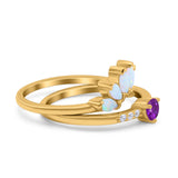 Two Piece Bridal Set Marquise Art Deco Wedding Engagement Ring Set Round Simulated Cubic Zirconia & Lab White Opal Band 925 Sterling Silver