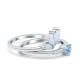 Two Piece Bridal Set Marquise Art Deco Wedding Engagement Ring Set Round Simulated Cubic Zirconia & Lab White Opal Band 925 Sterling Silver