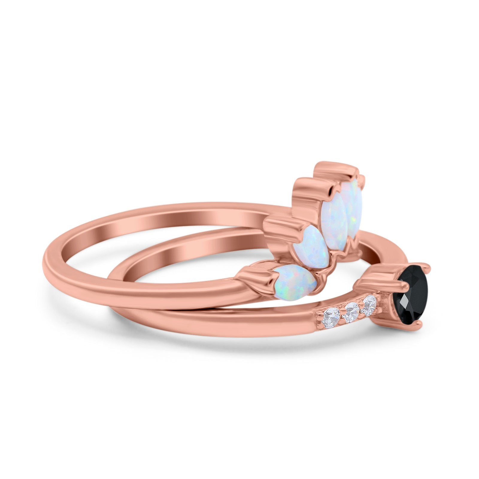 Two Piece Bridal Set Marquise Art Deco Wedding Engagement Ring Set Round Simulated Cubic Zirconia & Lab White Opal Band 925 Sterling Silver