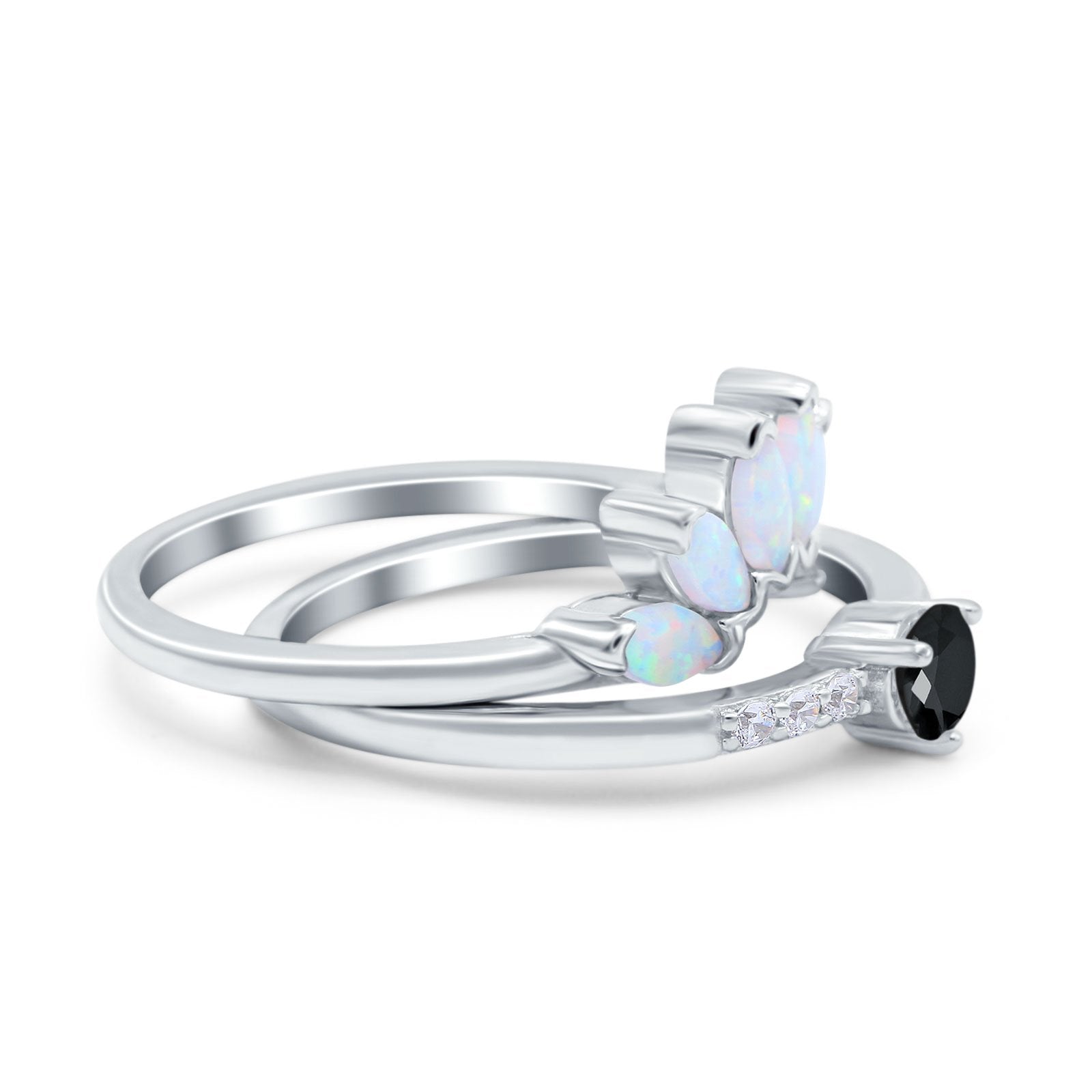 Two Piece Bridal Set Marquise Art Deco Wedding Engagement Ring Set Round Simulated Cubic Zirconia & Lab White Opal Band 925 Sterling Silver