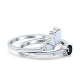 Two Piece Bridal Set Marquise Art Deco Wedding Engagement Ring Set Round Simulated Cubic Zirconia & Lab White Opal Band 925 Sterling Silver