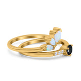 Two Piece Bridal Set Marquise Art Deco Wedding Engagement Ring Set Round Simulated Cubic Zirconia & Lab White Opal Band 925 Sterling Silver