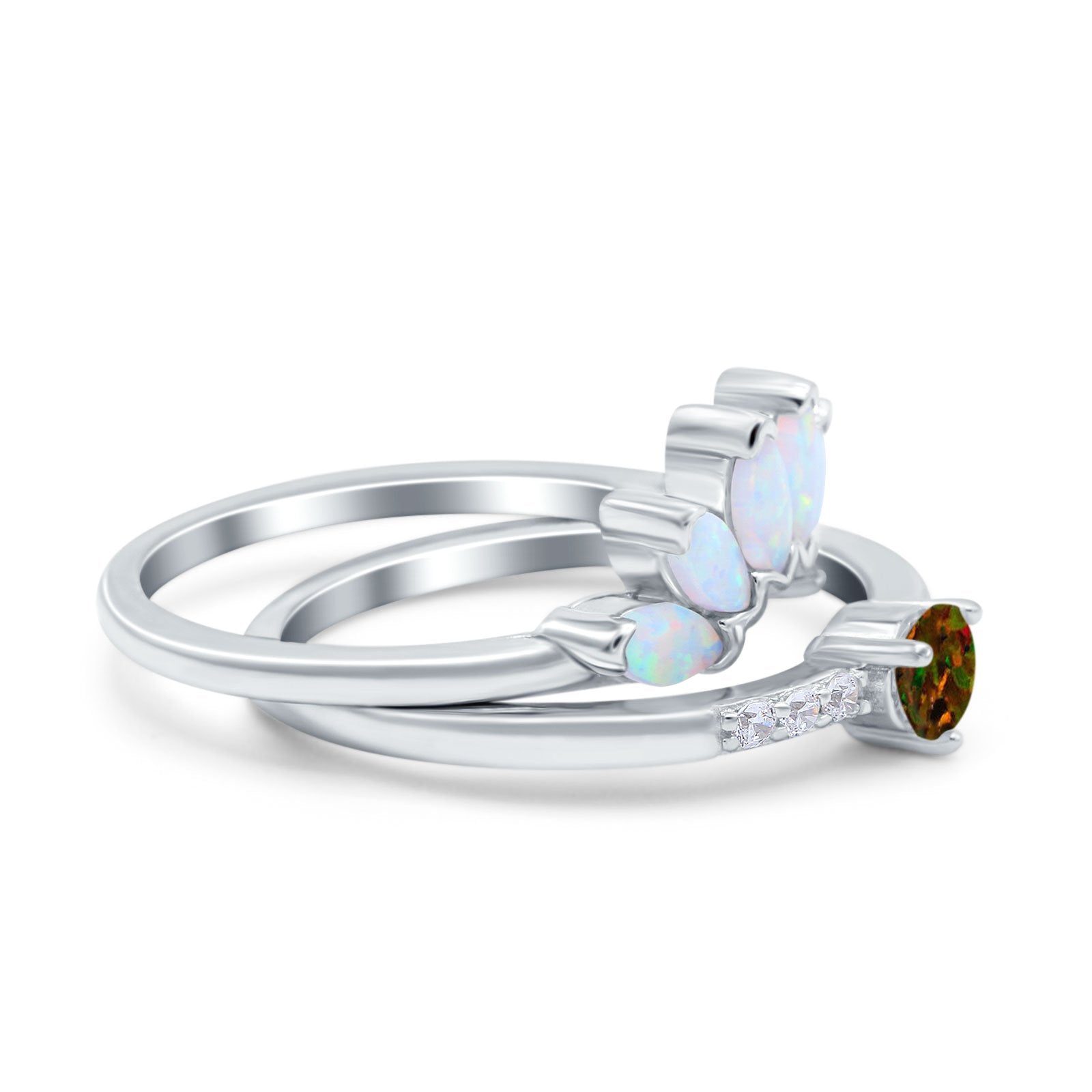 Two Piece Bridal Set Marquise Art Deco Wedding Engagement Ring Set Round Simulated Cubic Zirconia & Lab White Opal Band 925 Sterling Silver