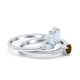 Two Piece Bridal Set Marquise Art Deco Wedding Engagement Ring Set Round Simulated Cubic Zirconia & Lab White Opal Band 925 Sterling Silver