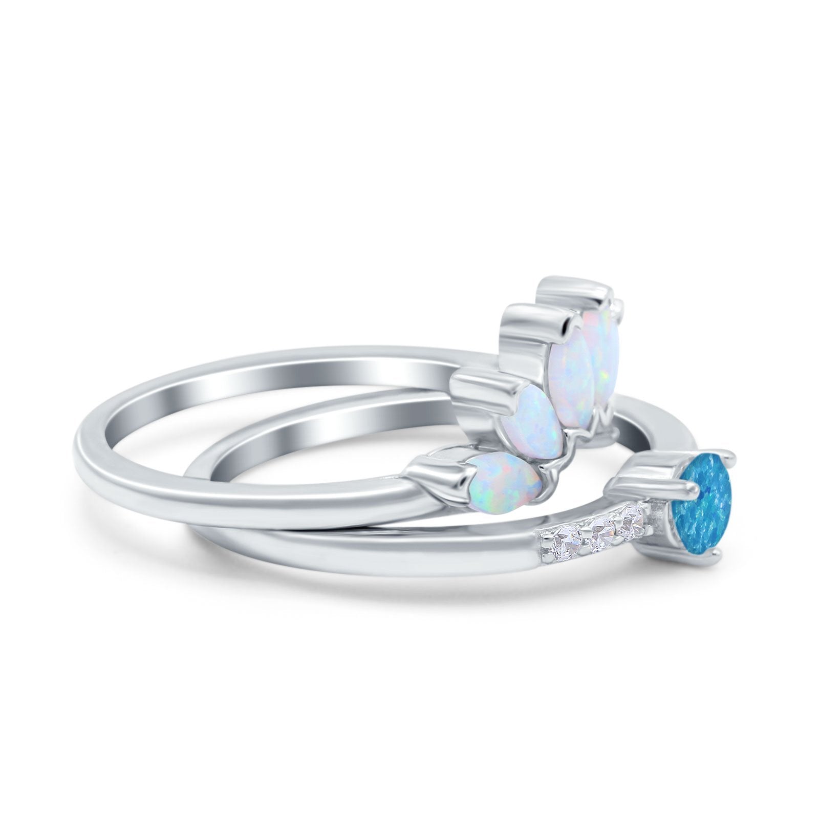 Two Piece Bridal Set Marquise Art Deco Wedding Engagement Ring Set Round Simulated Cubic Zirconia & Lab White Opal Band 925 Sterling Silver