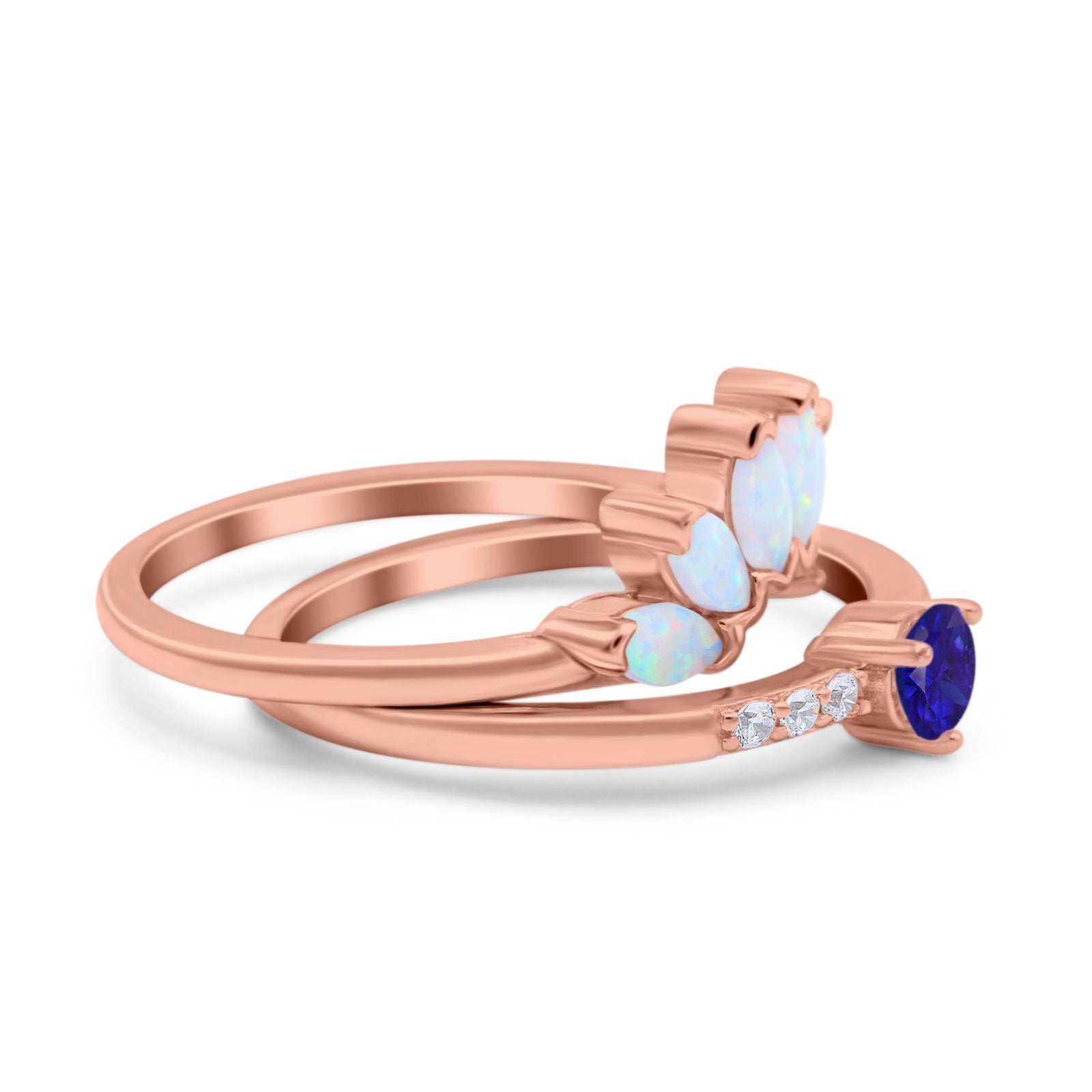 Two Piece Bridal Set Marquise Art Deco Wedding Engagement Ring Set Round Simulated Cubic Zirconia & Lab White Opal Band 925 Sterling Silver