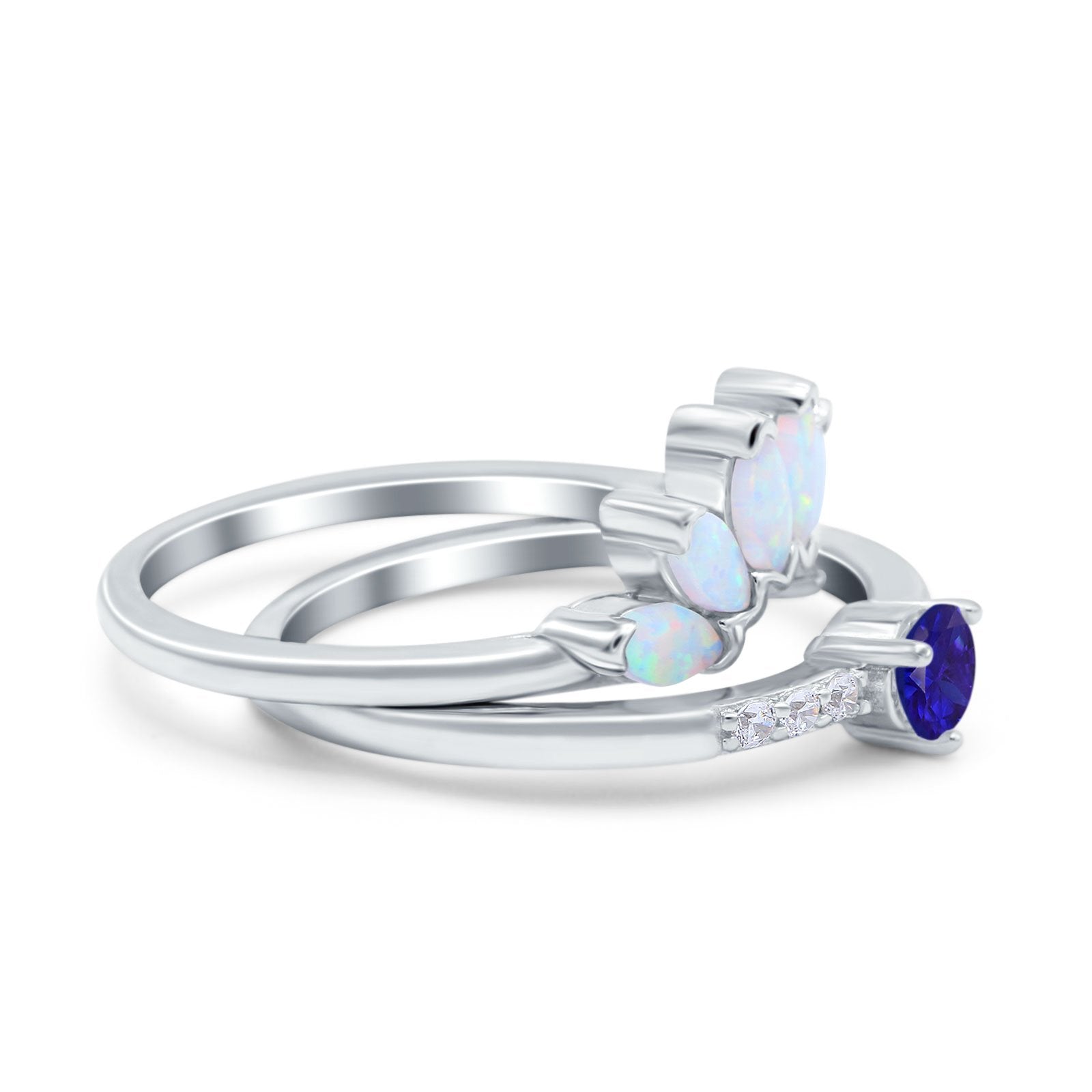 Two Piece Bridal Set Marquise Art Deco Wedding Engagement Ring Set Round Simulated Cubic Zirconia & Lab White Opal Band 925 Sterling Silver