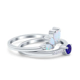 Two Piece Bridal Set Marquise Art Deco Wedding Engagement Ring Set Round Simulated Cubic Zirconia & Lab White Opal Band 925 Sterling Silver