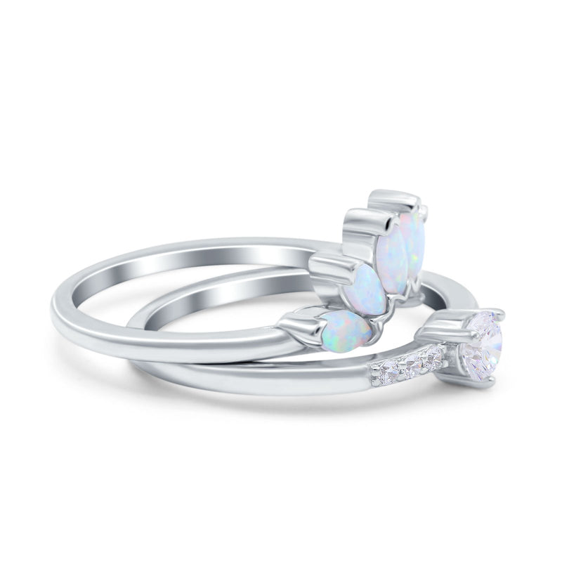 Two Piece Bridal Set Marquise Art Deco Wedding Engagement Ring Set Round Simulated Cubic Zirconia & Lab White Opal Band 925 Sterling Silver
