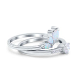 Two Piece Bridal Set Marquise Art Deco Wedding Engagement Ring Set Round Simulated Cubic Zirconia & Lab White Opal Band 925 Sterling Silver