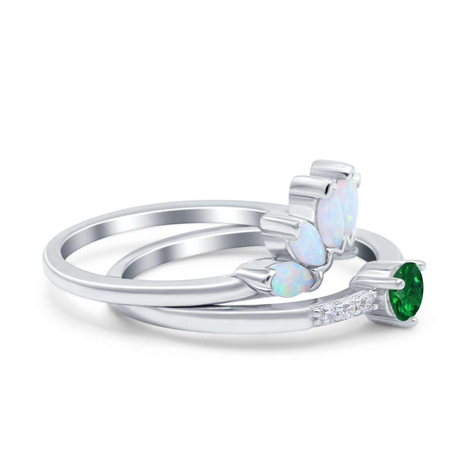 Two Piece Bridal Set Marquise Art Deco Wedding Engagement Ring Set Round Simulated Cubic Zirconia & Lab White Opal Band 925 Sterling Silver