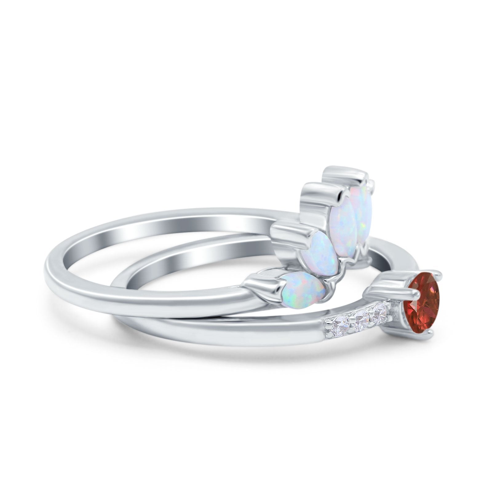 Two Piece Bridal Set Marquise Art Deco Wedding Engagement Ring Set Round Simulated Cubic Zirconia & Lab White Opal Band 925 Sterling Silver