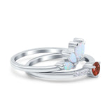 Two Piece Bridal Set Marquise Art Deco Wedding Engagement Ring Set Round Simulated Cubic Zirconia & Lab White Opal Band 925 Sterling Silver