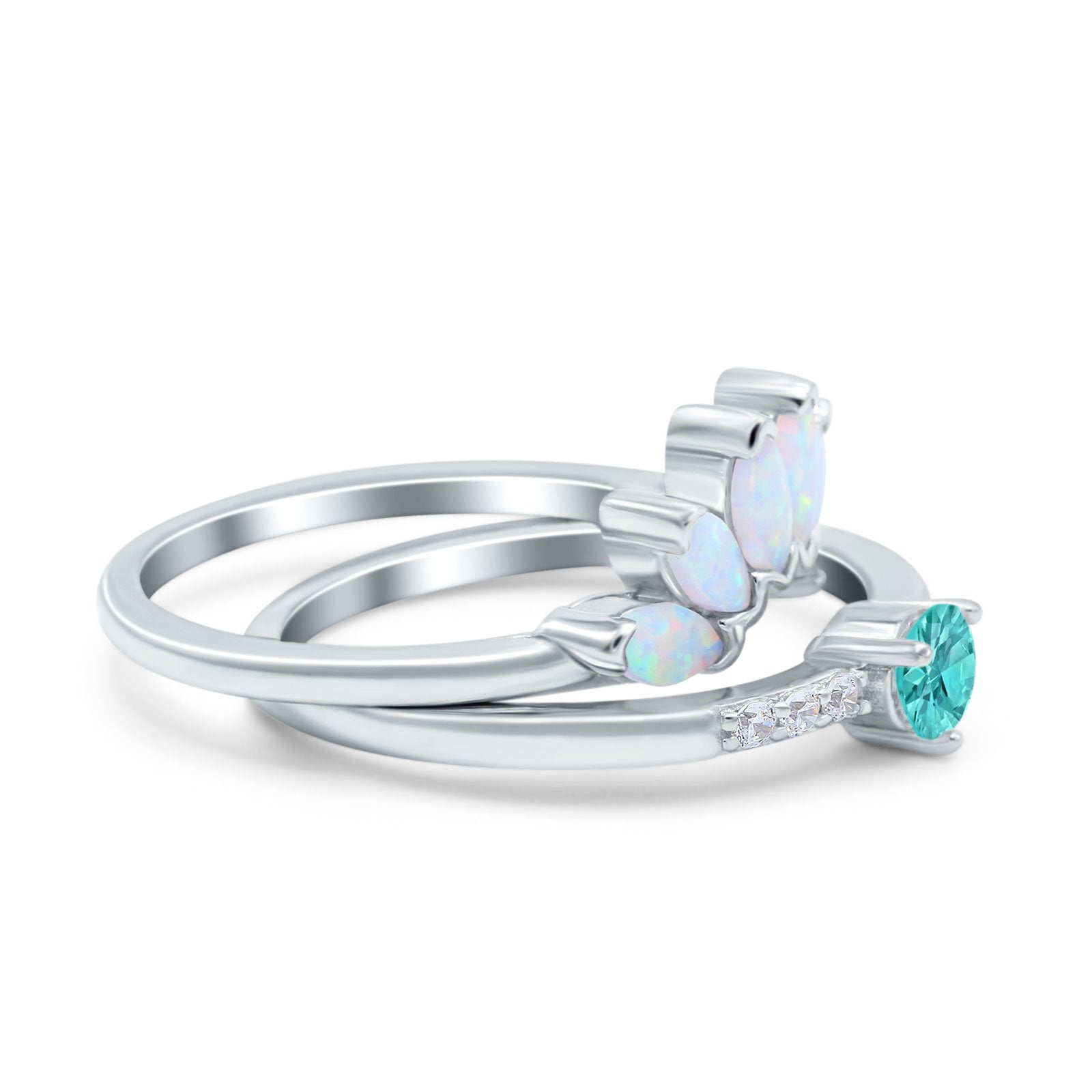 Two Piece Bridal Set Marquise Art Deco Wedding Engagement Ring Set Round Simulated Cubic Zirconia & Lab White Opal Band 925 Sterling Silver