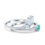 Two Piece Bridal Set Marquise Art Deco Wedding Engagement Ring Set Round Simulated Cubic Zirconia & Lab White Opal Band 925 Sterling Silver