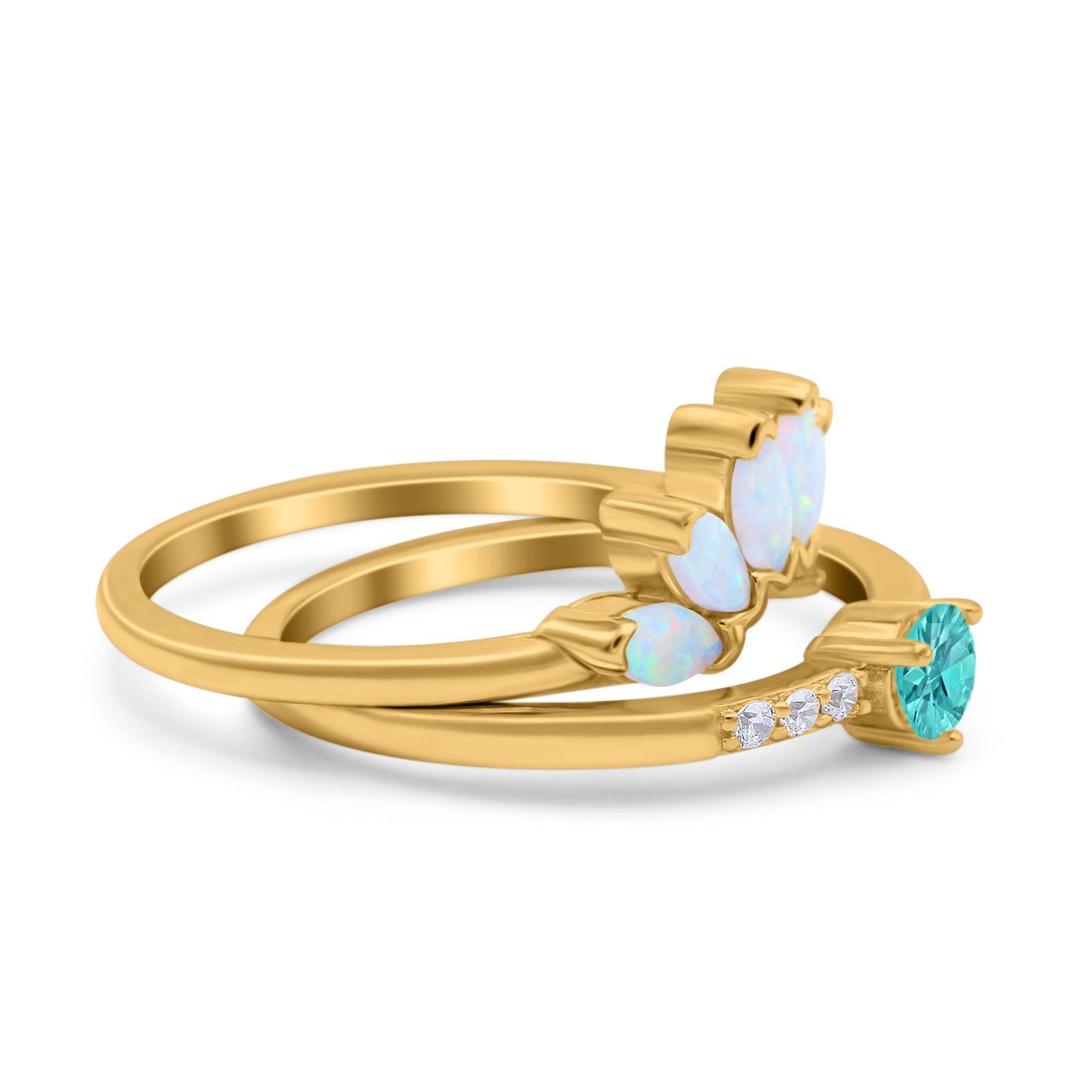 Two Piece Bridal Set Marquise Art Deco Wedding Engagement Ring Set Round Simulated Cubic Zirconia & Lab White Opal Band 925 Sterling Silver