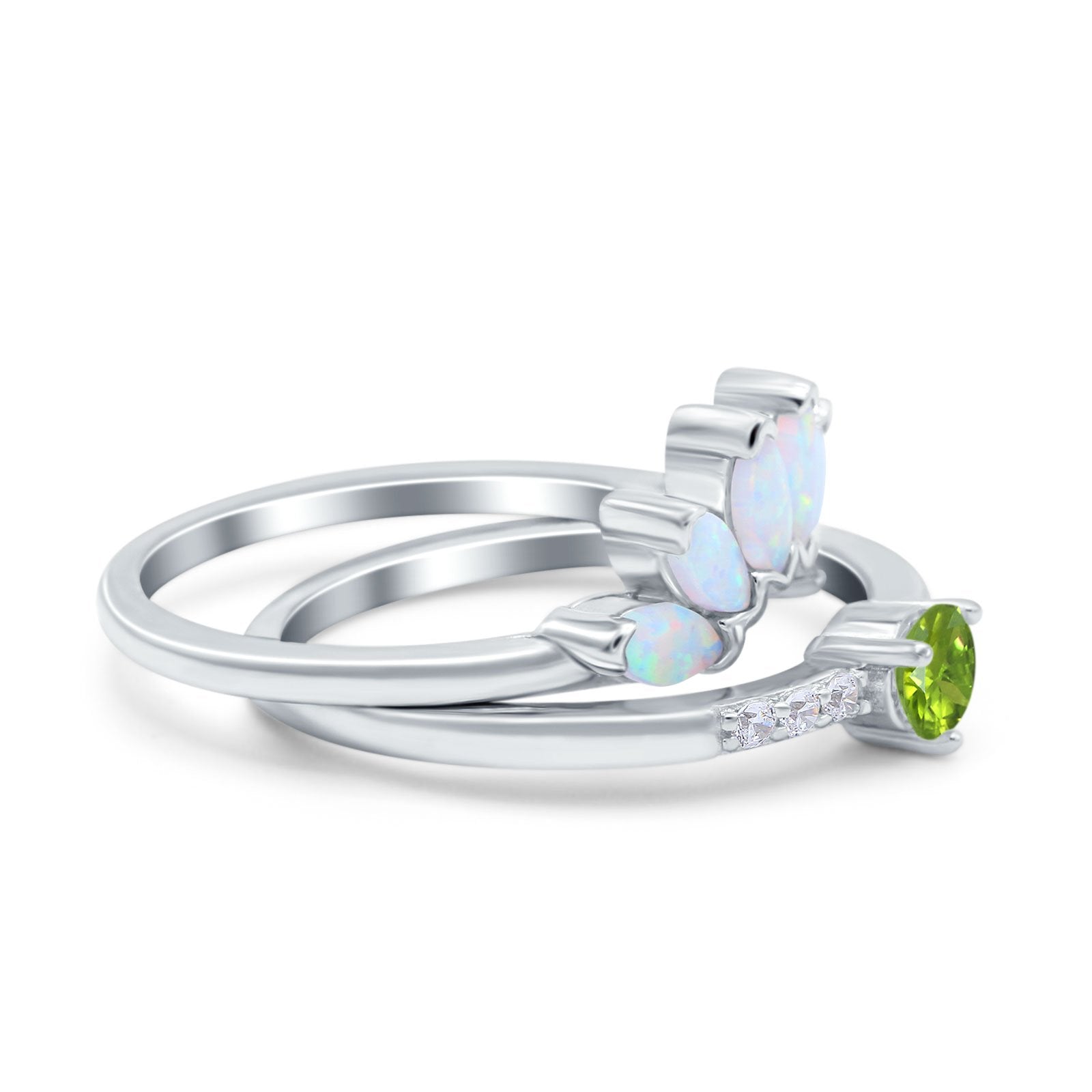 Two Piece Bridal Set Marquise Art Deco Wedding Engagement Ring Set Round Simulated Cubic Zirconia & Lab White Opal Band 925 Sterling Silver