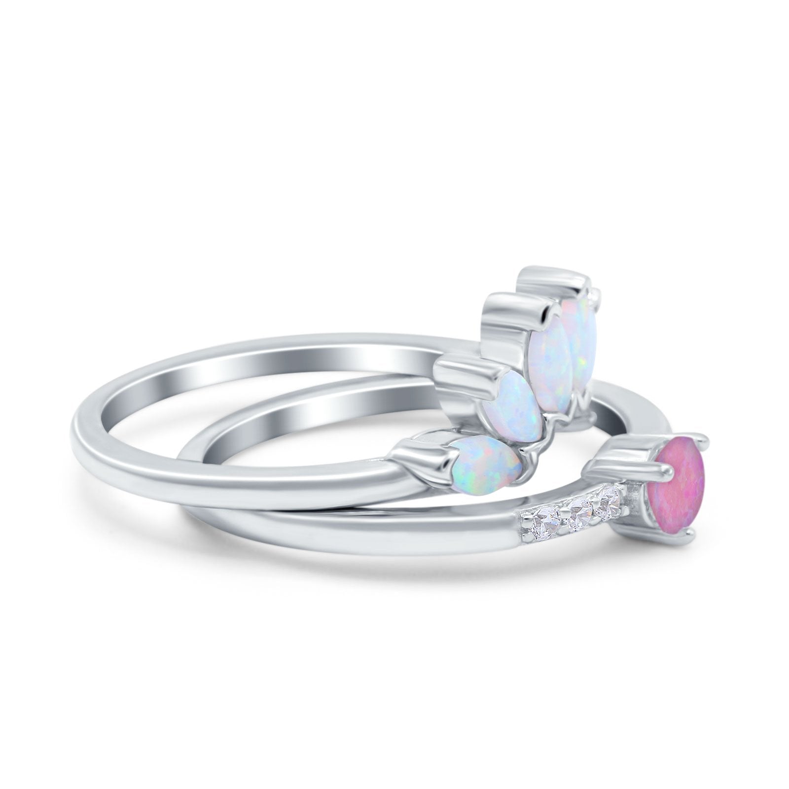 Two Piece Bridal Set Marquise Art Deco Wedding Engagement Ring Set Round Simulated Cubic Zirconia & Lab White Opal Band 925 Sterling Silver