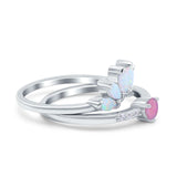 Two Piece Bridal Set Marquise Art Deco Wedding Engagement Ring Set Round Simulated Cubic Zirconia & Lab White Opal Band 925 Sterling Silver