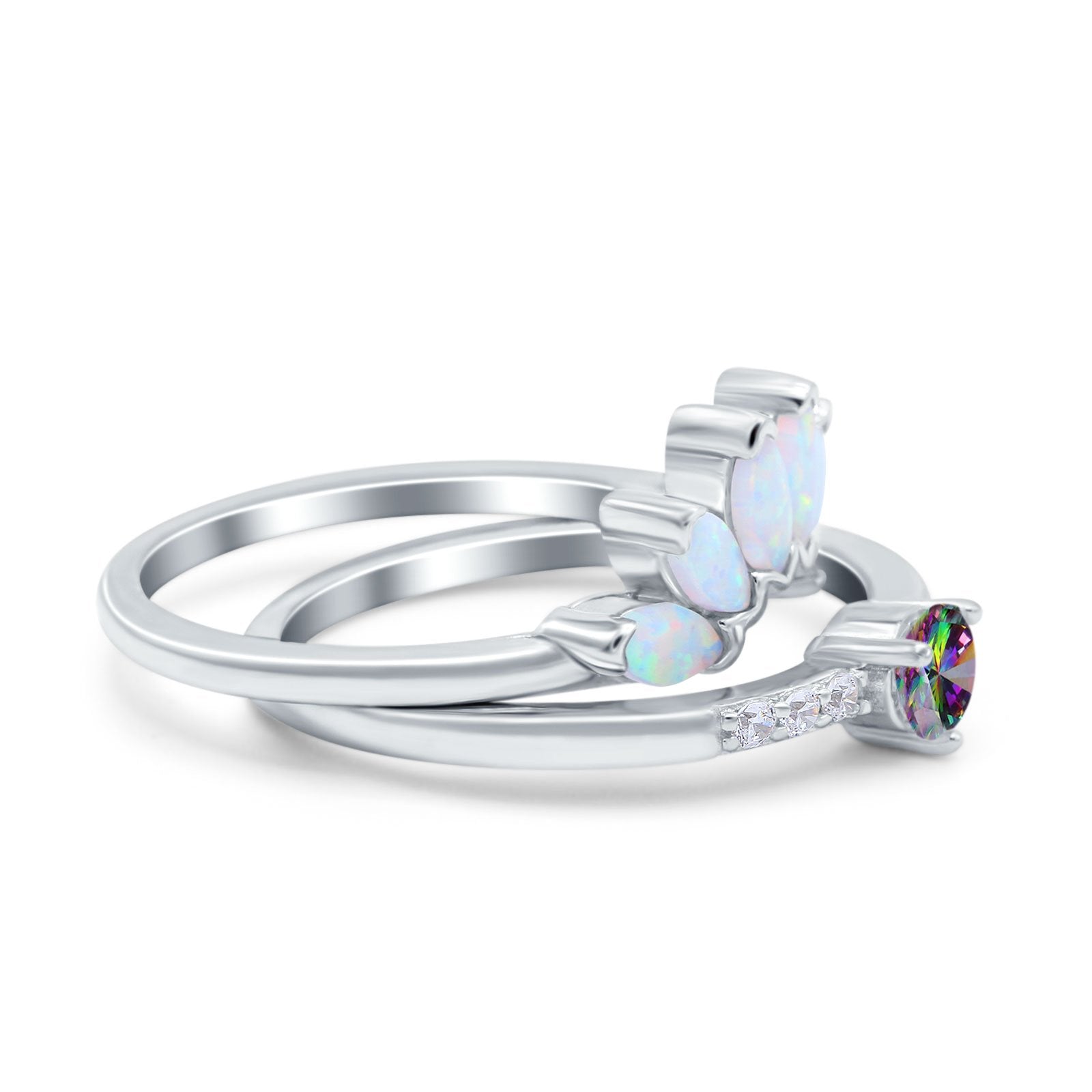 Two Piece Bridal Set Marquise Art Deco Wedding Engagement Ring Set Round Simulated Cubic Zirconia & Lab White Opal Band 925 Sterling Silver