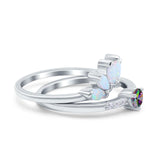 Two Piece Bridal Set Marquise Art Deco Wedding Engagement Ring Set Round Simulated Cubic Zirconia & Lab White Opal Band 925 Sterling Silver