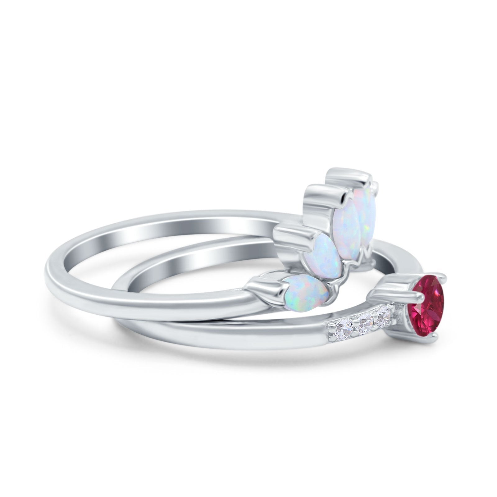 Two Piece Bridal Set Marquise Art Deco Wedding Engagement Ring Set Round Simulated Cubic Zirconia & Lab White Opal Band 925 Sterling Silver