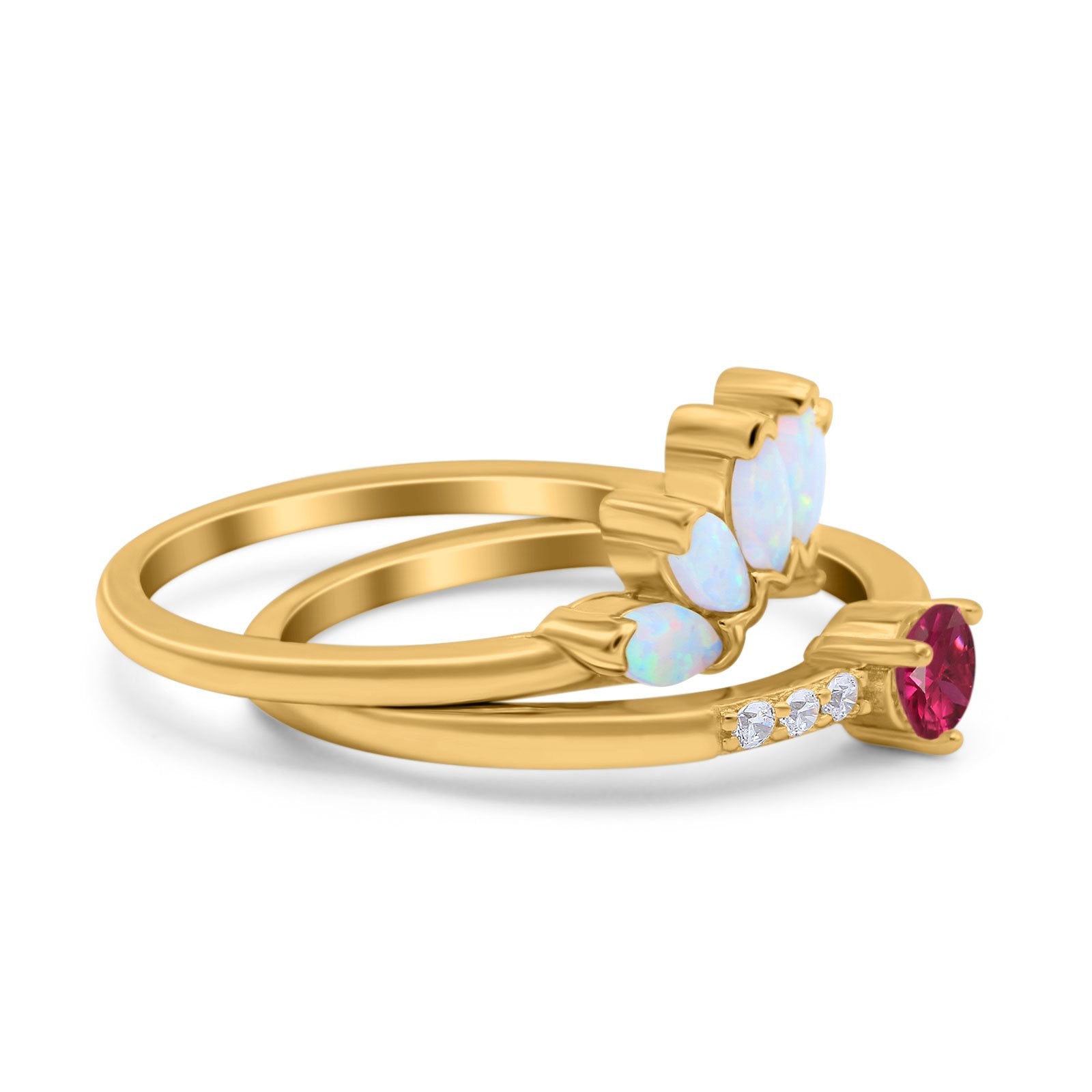 Two Piece Bridal Set Marquise Art Deco Wedding Engagement Ring Set Round Simulated Cubic Zirconia & Lab White Opal Band 925 Sterling Silver