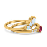 Two Piece Bridal Set Marquise Art Deco Wedding Engagement Ring Set Round Simulated Cubic Zirconia & Lab White Opal Band 925 Sterling Silver