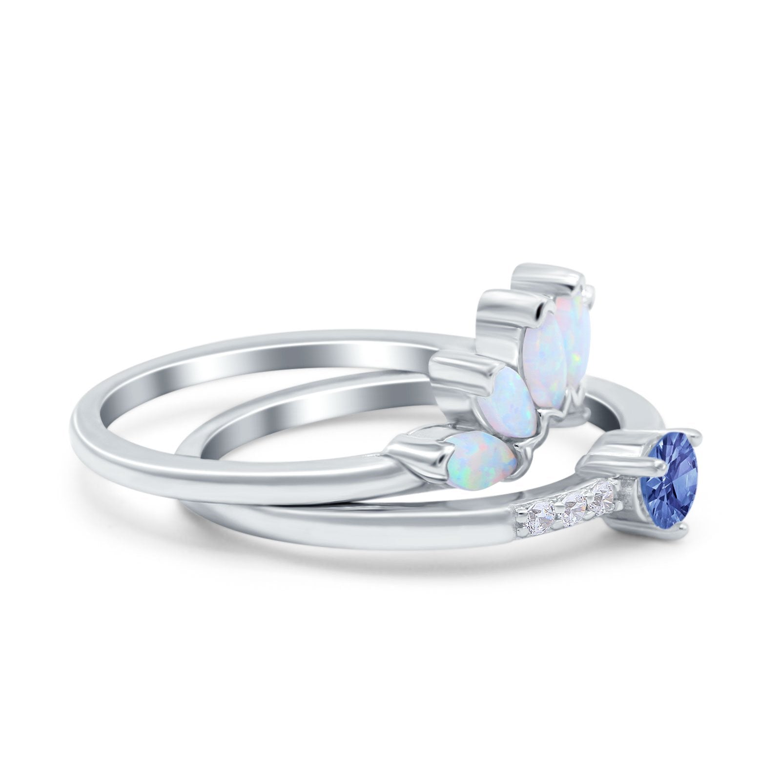 Two Piece Bridal Set Marquise Art Deco Wedding Engagement Ring Set Round Simulated Cubic Zirconia & Lab White Opal Band 925 Sterling Silver