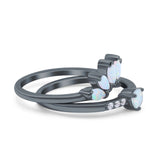 Two Piece Bridal Set Marquise Art Deco Wedding Engagement Ring Set Round Simulated Cubic Zirconia & Lab White Opal Band 925 Sterling Silver