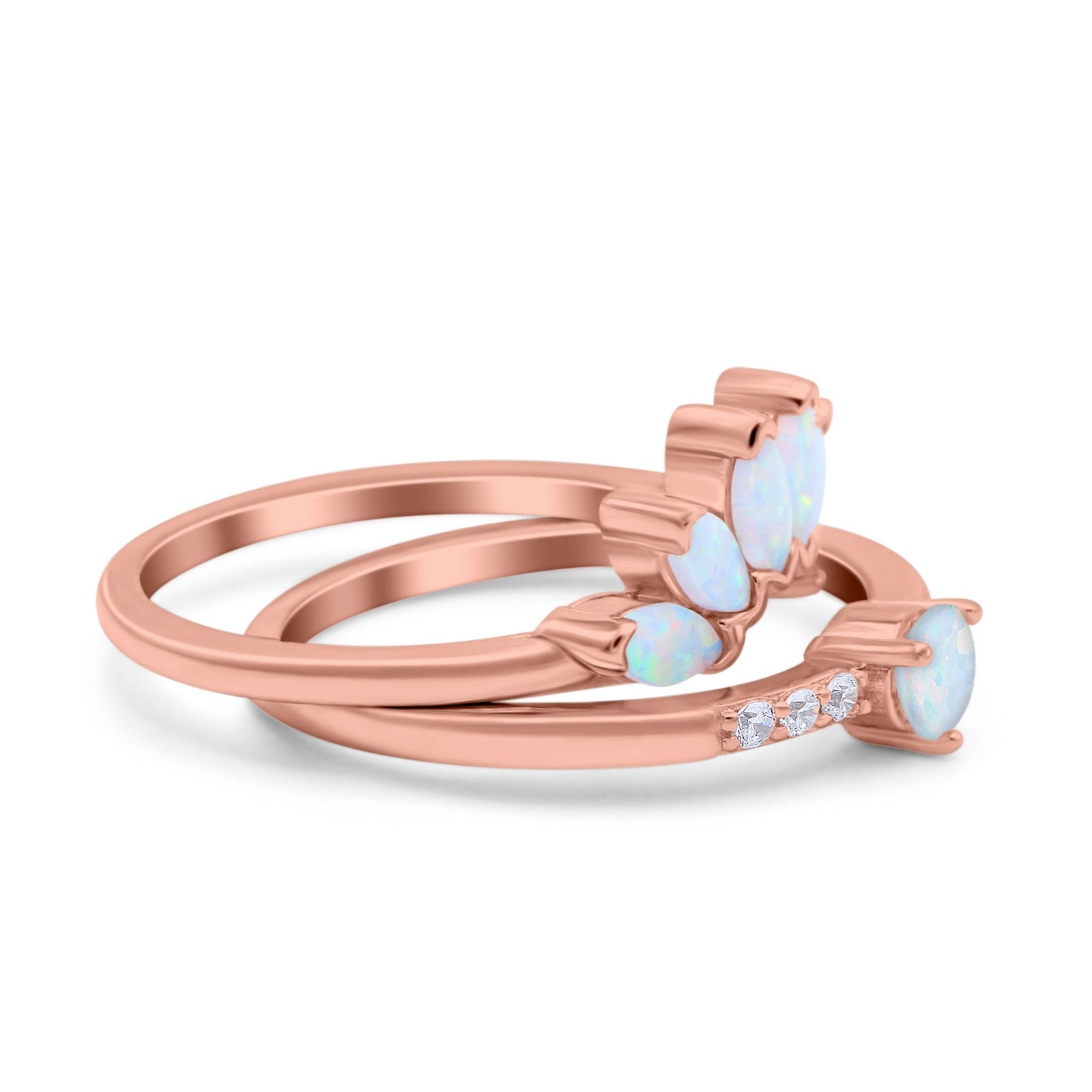 Two Piece Bridal Set Marquise Art Deco Wedding Engagement Ring Set Round Simulated Cubic Zirconia & Lab White Opal Band 925 Sterling Silver