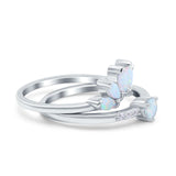 Two Piece Bridal Set Marquise Art Deco Wedding Engagement Ring Set Round Simulated Cubic Zirconia & Lab White Opal Band 925 Sterling Silver