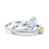 Two Piece Bridal Set Marquise Art Deco Wedding Engagement Ring Set Round Simulated Cubic Zirconia & Lab White Opal Band 925 Sterling Silver