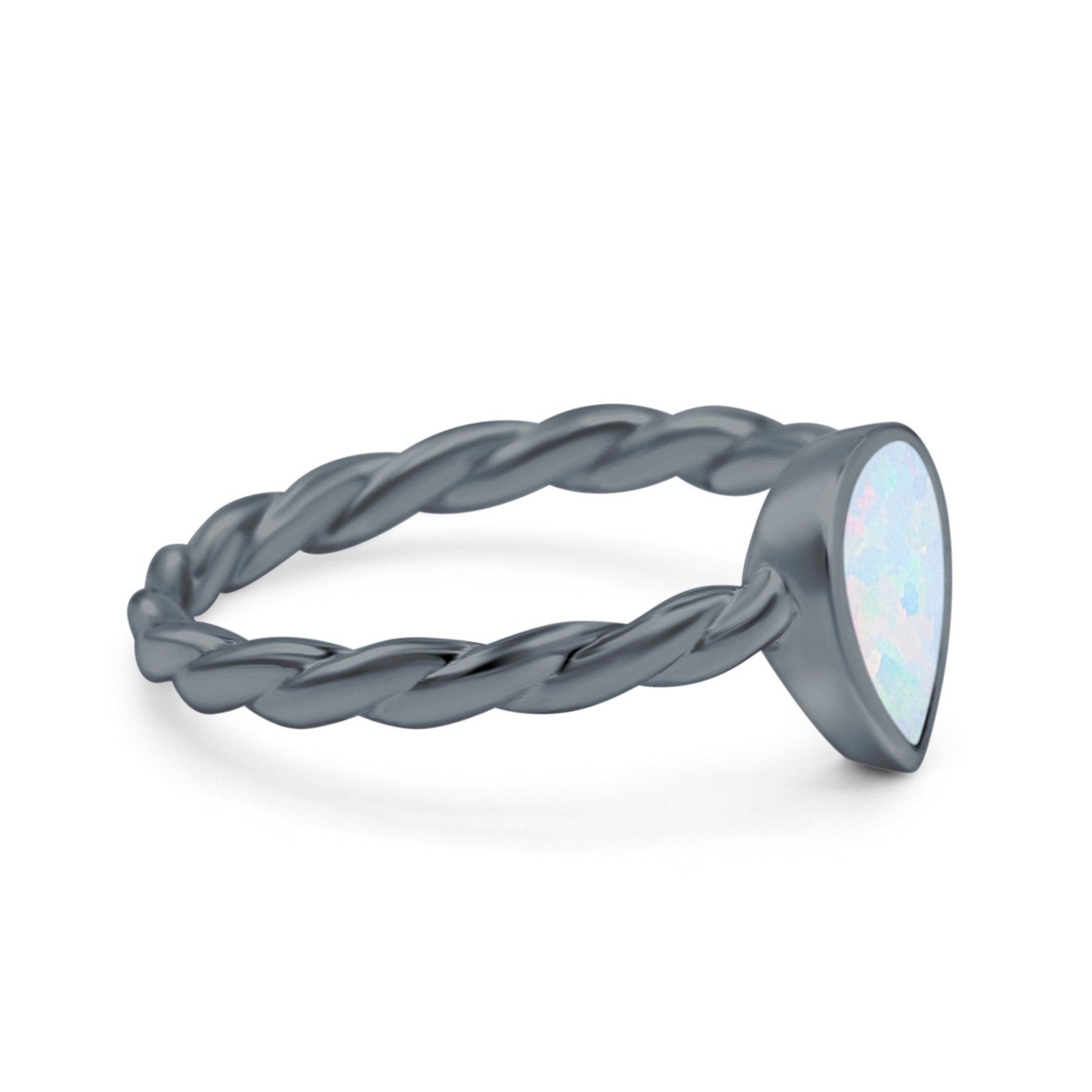 Teardrop Pear Lab Opal Braided Cable Solitaire Band Ring 925 Sterling Silver