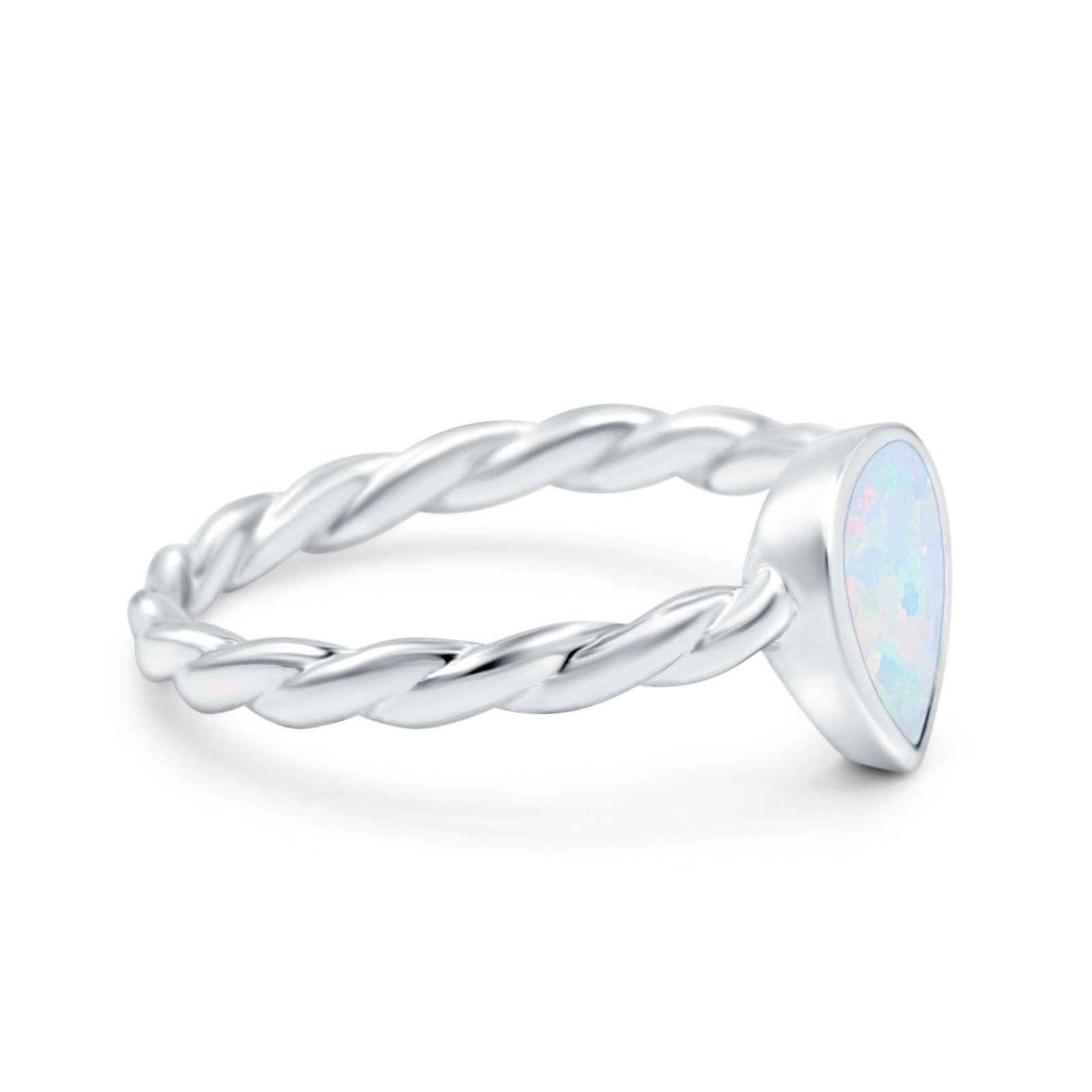 Teardrop Pear Lab Opal Braided Cable Solitaire Band Ring 925 Sterling Silver