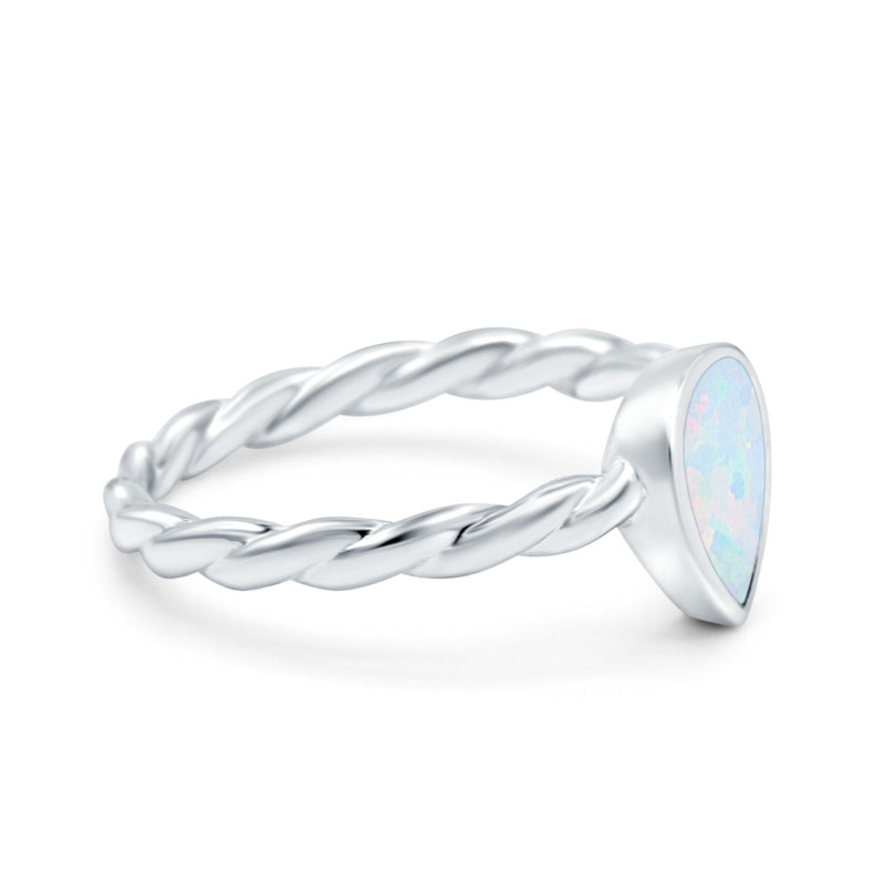 Teardrop Pear Lab Opal Braided Cable Solitaire Band Ring 925 Sterling Silver