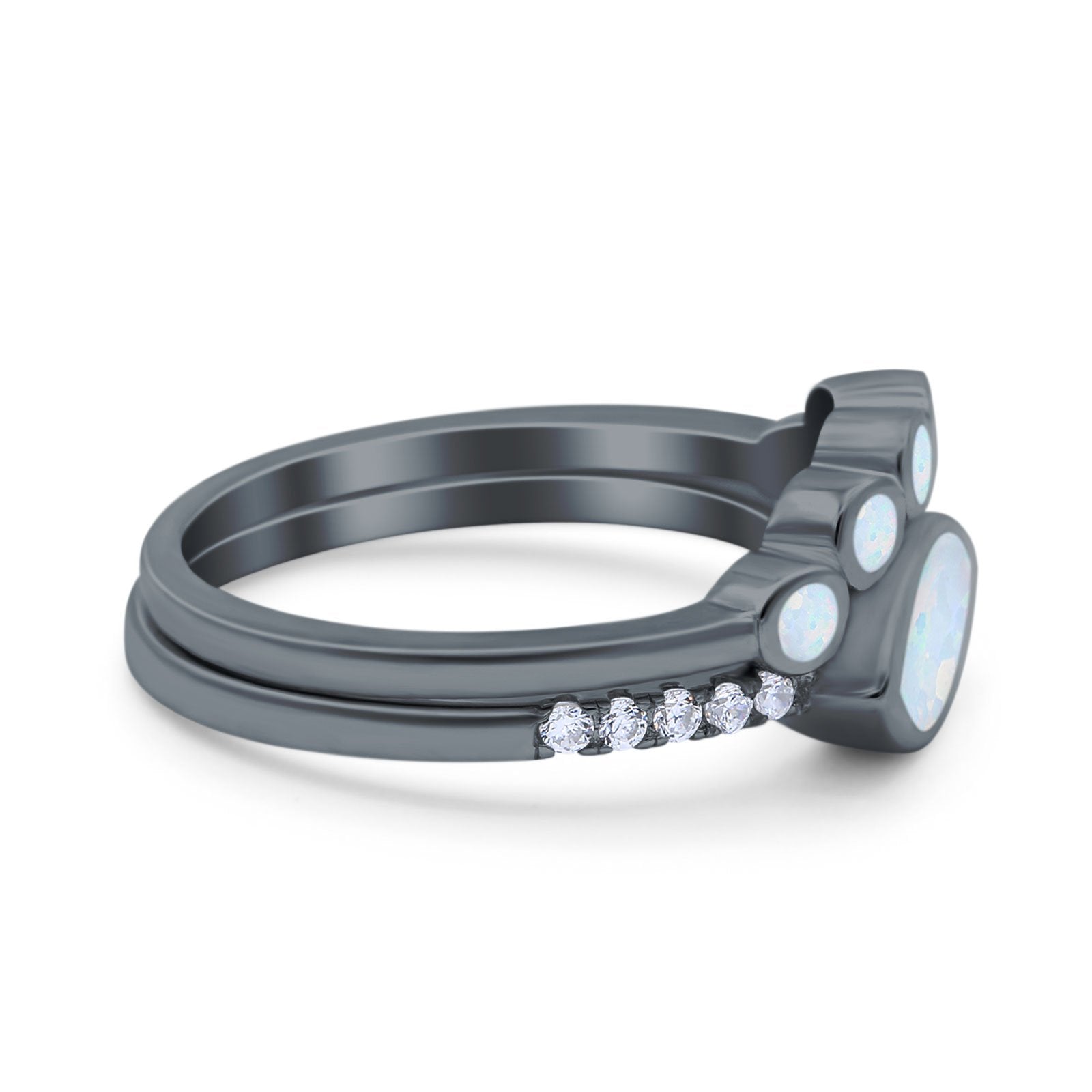 Two Piece Bridal Set Round Lab White Opal Marquise Art Deco Wedding Engagement Ring Set Round CZ Band 925 Sterling Silver