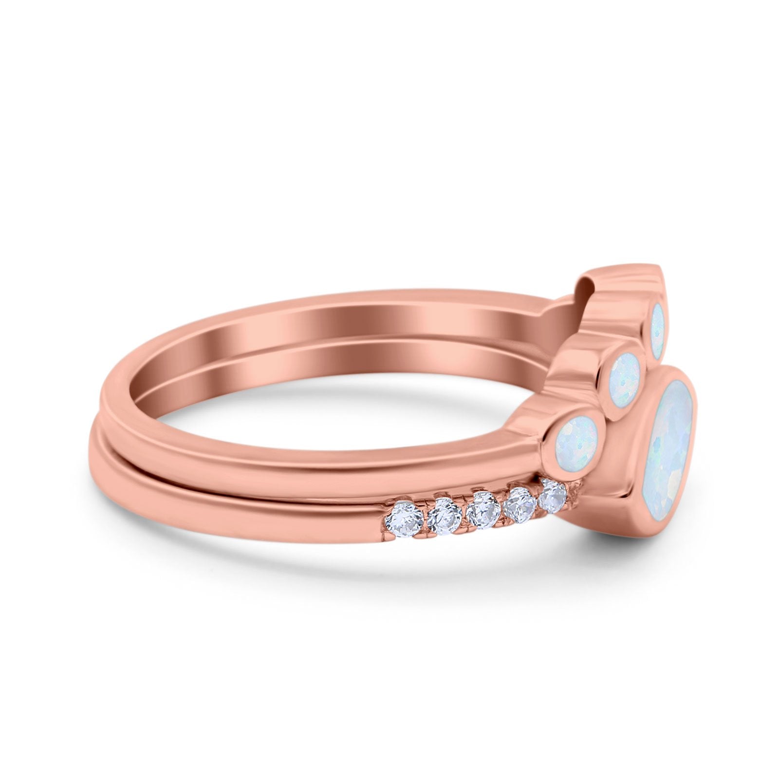 Two Piece Bridal Set Round Lab White Opal Marquise Art Deco Wedding Engagement Ring Set Round CZ Band 925 Sterling Silver