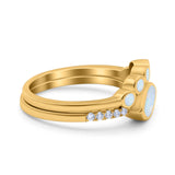 Two Piece Bridal Set Round Lab White Opal Marquise Art Deco Wedding Engagement Ring Set Round CZ Band 925 Sterling Silver