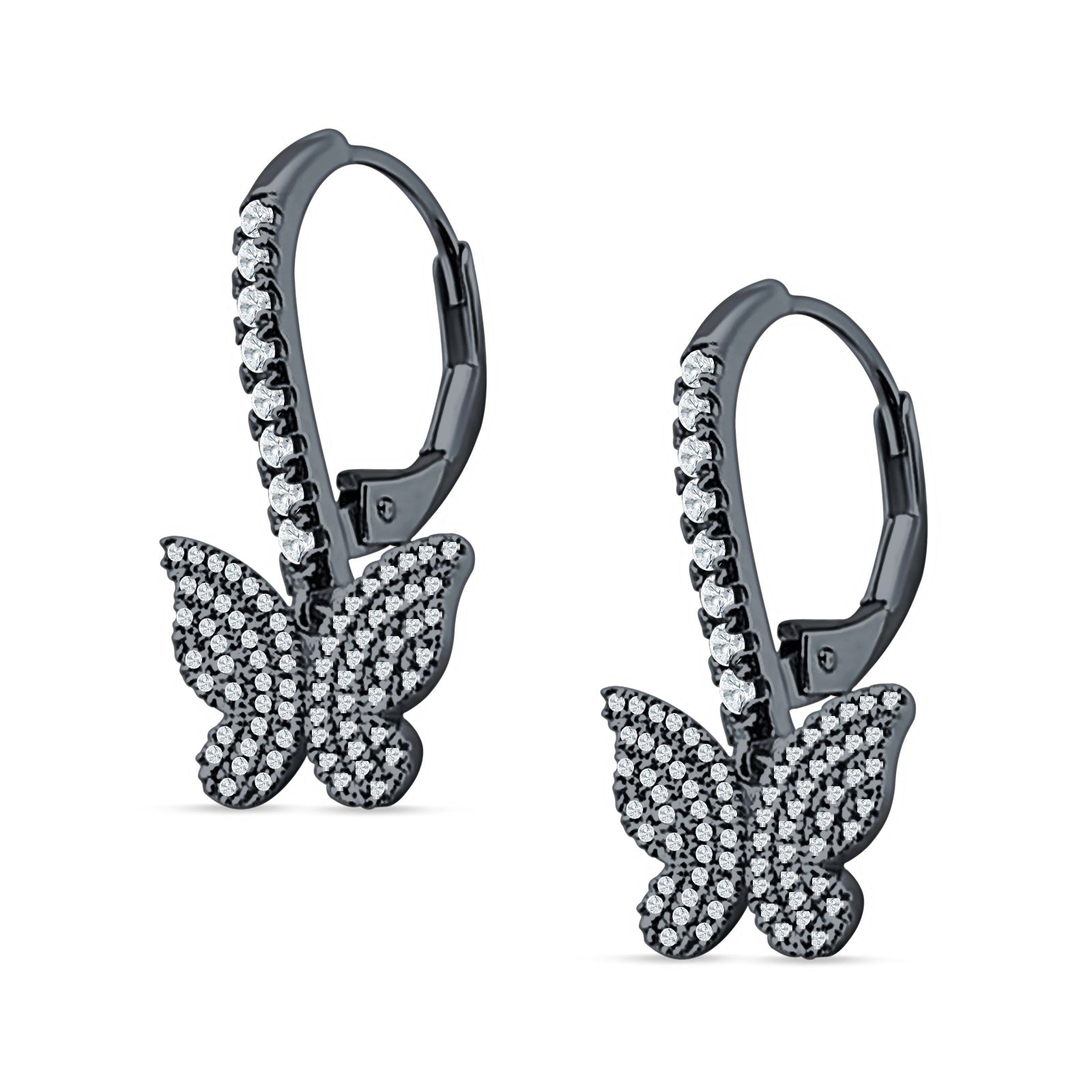Butterfly Hoop Leverback Earrings Cubic Zirconia 925 Sterling Silver