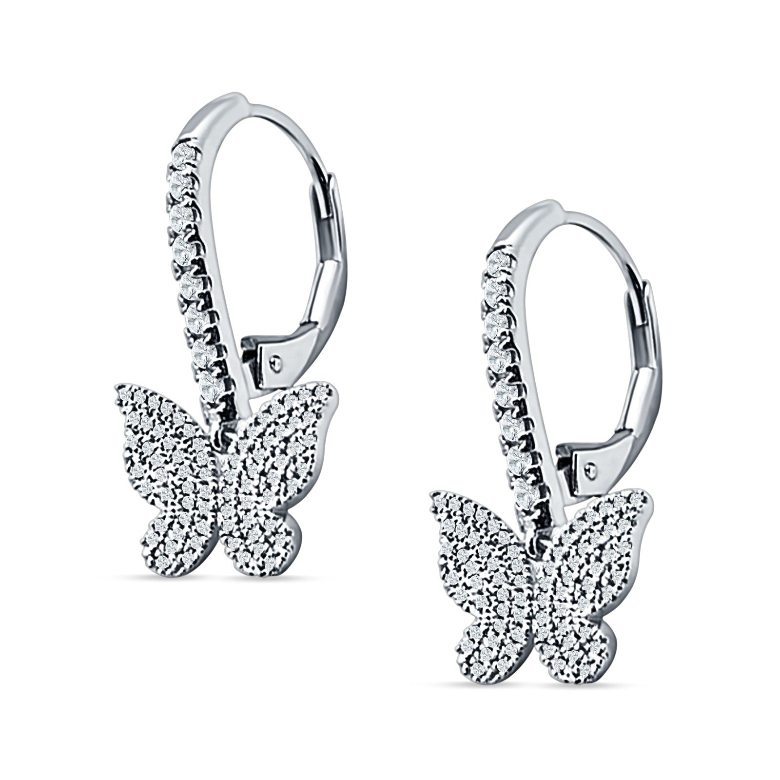 Butterfly Hoop Leverback Earrings Cubic Zirconia 925 Sterling Silver