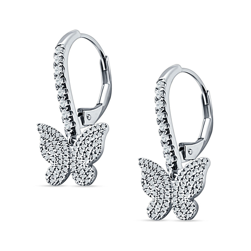 Butterfly Hoop Leverback Earrings Cubic Zirconia 925 Sterling Silver