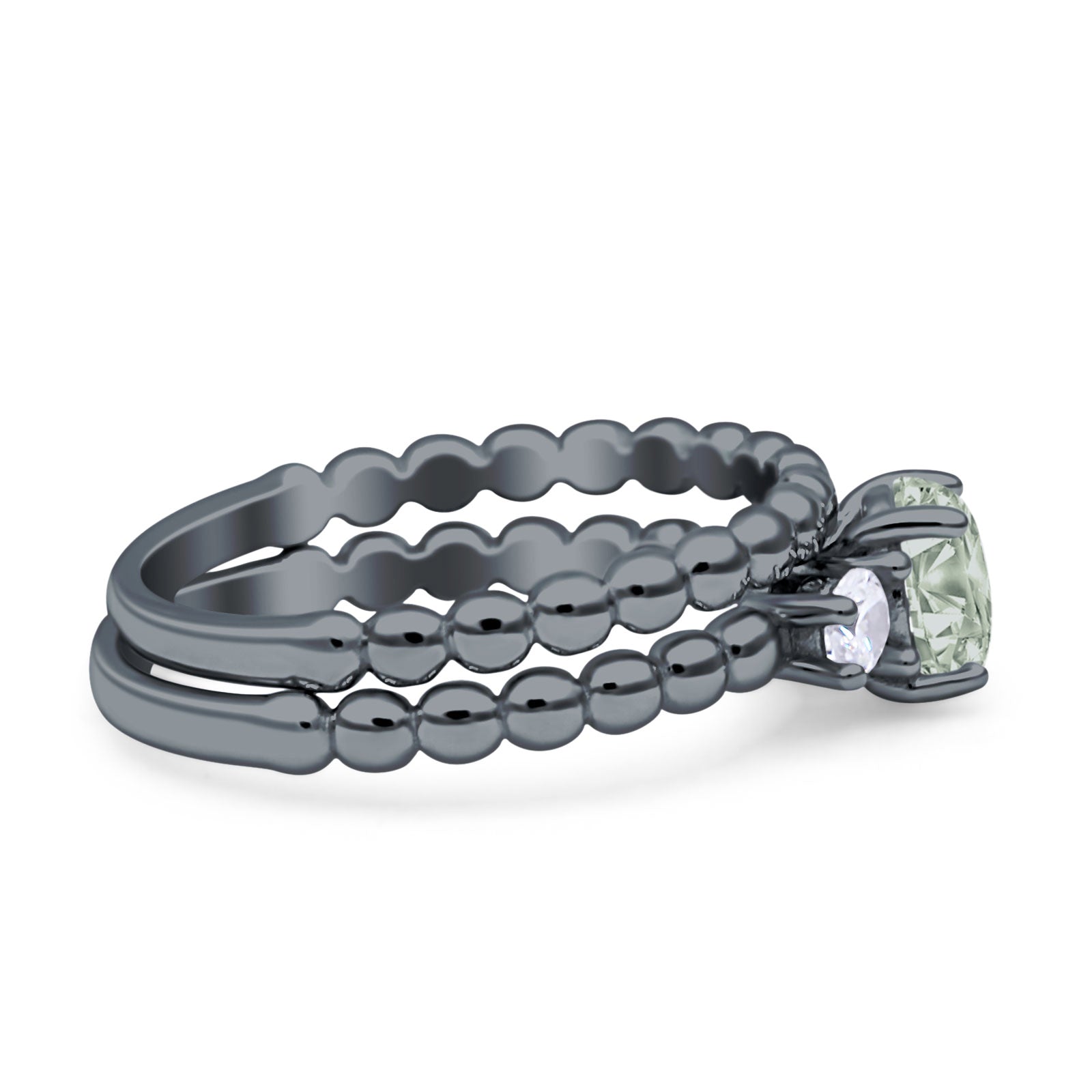 Three Stone Two Piece Bridal Round Beaded Natural Green Amethyst Prasiolite Engagement Ring